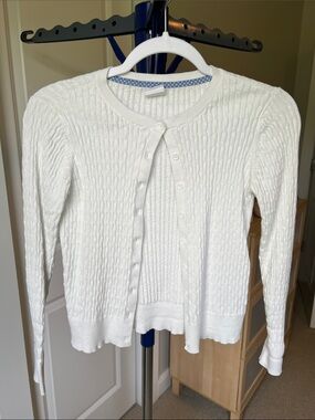 Girl’s White Cable-Knit Button Cardigan Sweater